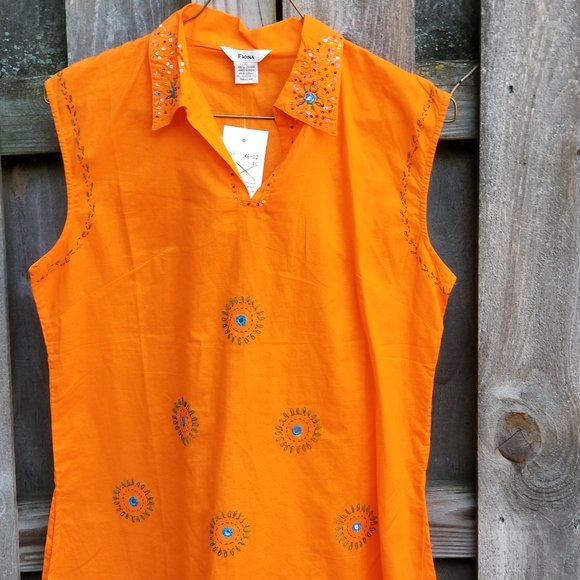 Fiona Orange 100% Cotton Jeweled Shirt XL Tunic - Picture 8 of 8